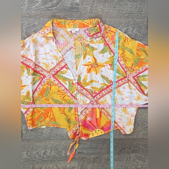 Haute Hippie Cropped Tie Waist Blouse Womens S Vibrant Multi Tropical Pineapples - Picture 9 of 11
